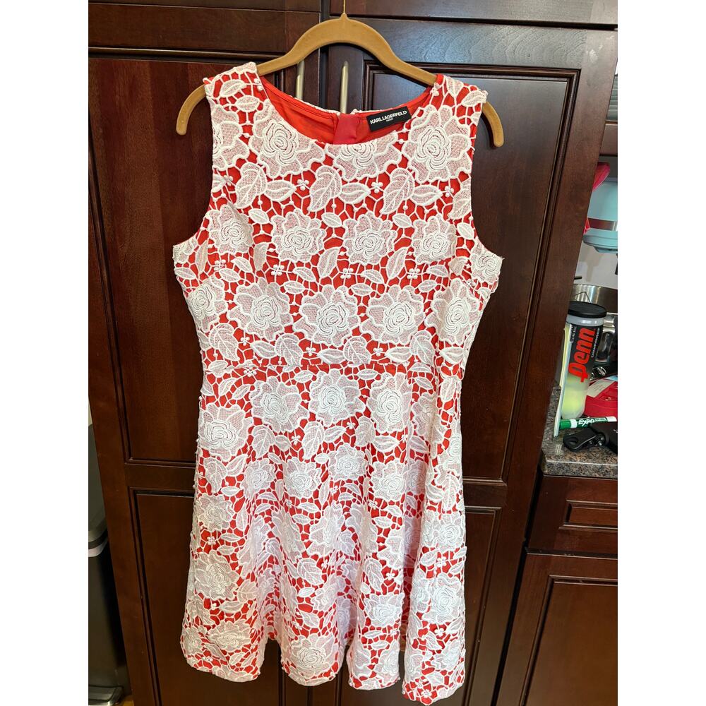 Karl Lagerfeld Coral Dress with White Lace Overlay Size 12 - Picture 11 of 16